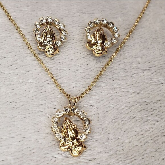 Prayer Hands Earrings and Necklace with Rhinestones
